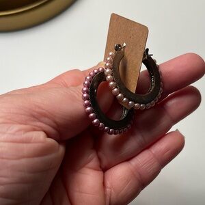 Pearl Beaded Hoop Earrings - Pink & Cream